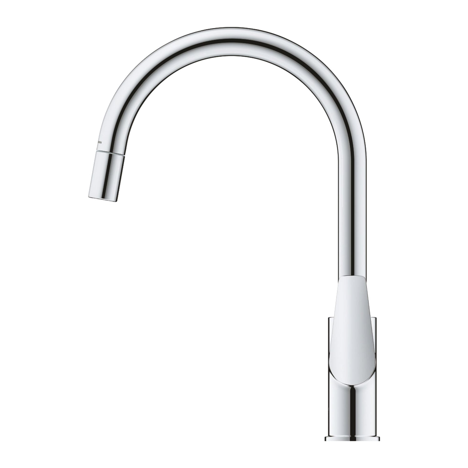 Detalhe do manípulo lateral e do sistema extraível da torneira de cozinha Grohe Bauedge.