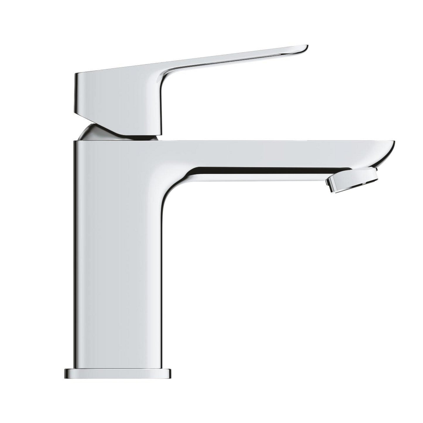Vista de perfil da torneira Grohe Cubeo destacando o design geométrico e o cano horizontal.