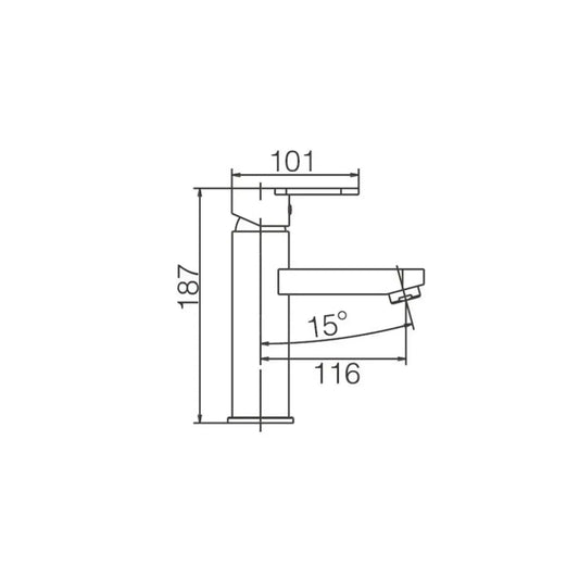 Desenho técnico da Torneira Lavatório Bristol Cromada, mostrando altura de 187 mm e alcance de 116 mm