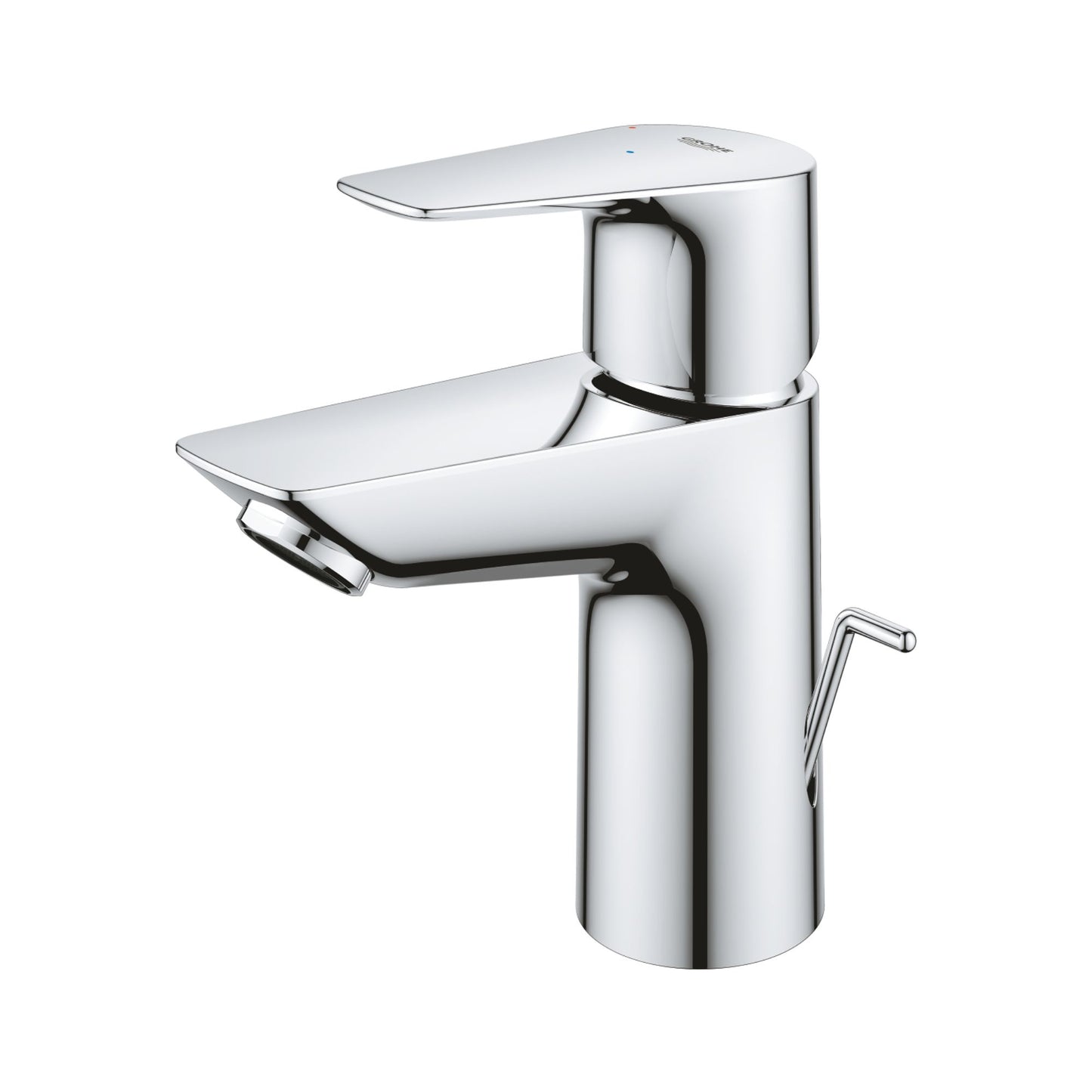 Perspetiva angular da torneira Grohe BauEdge mostrando o bocal inclinado e a base robusta.