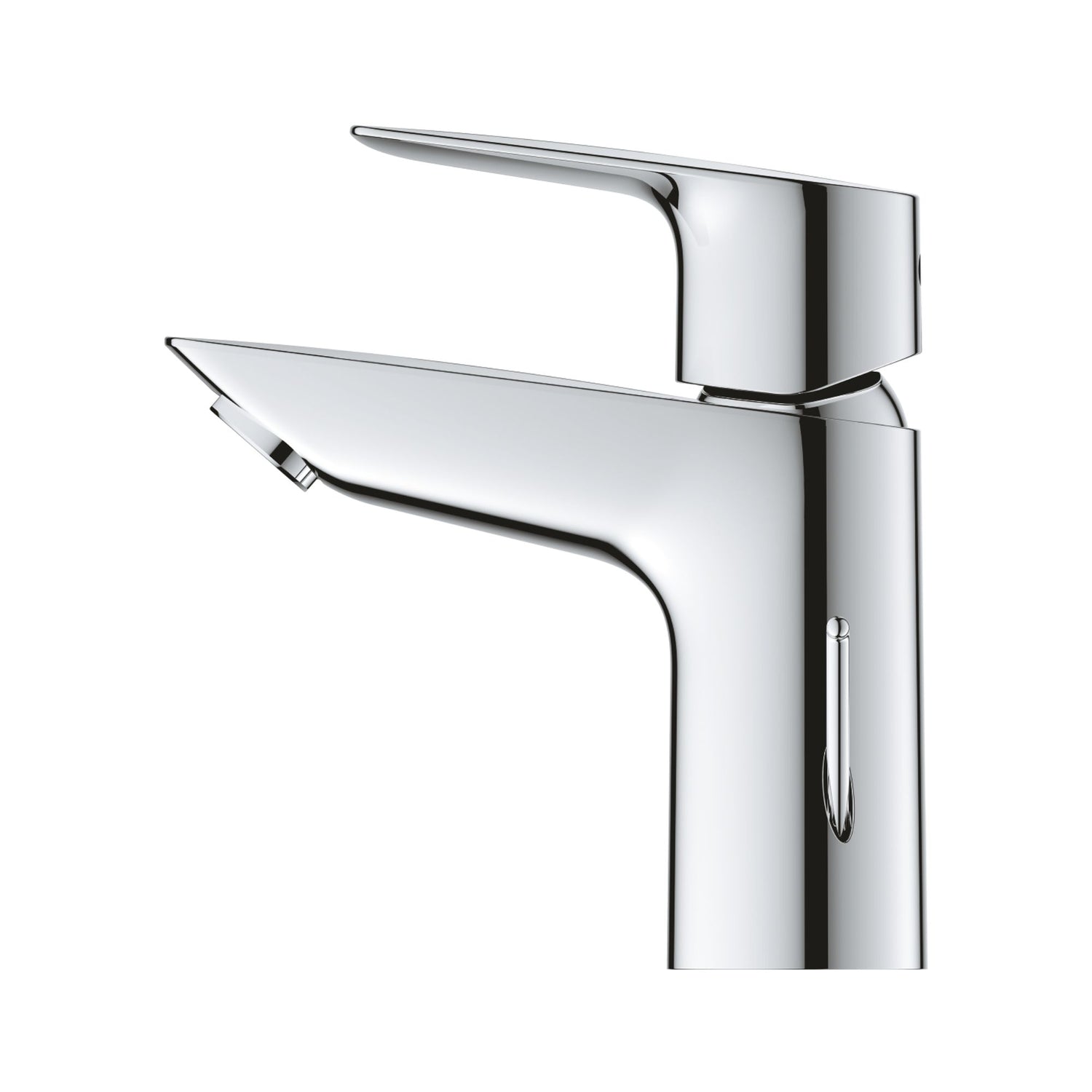 Vista lateral da torneira Grohe BauEdge cromada destacando o design ergonómico do manípulo e a vareta de vaciamento.