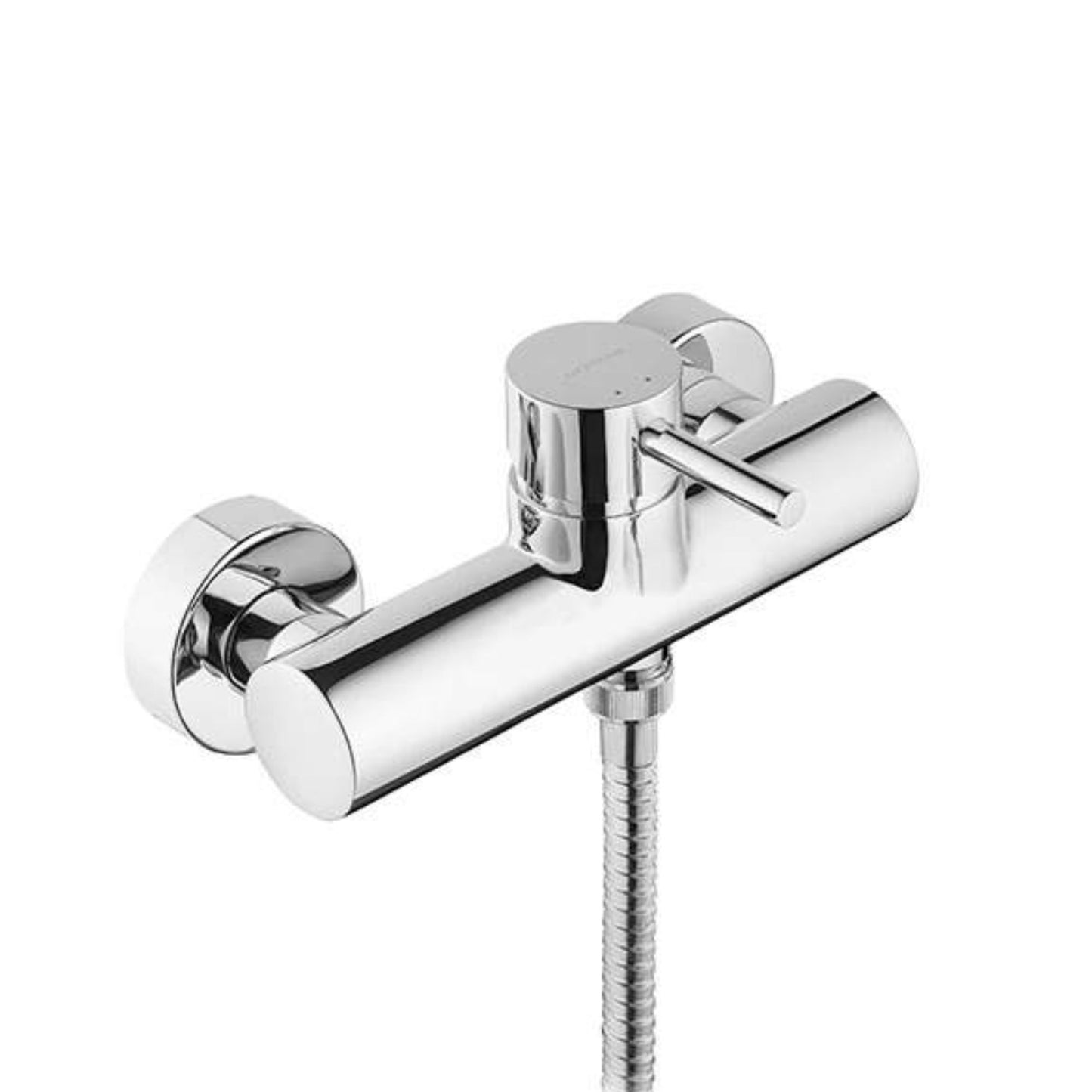Detalhe do corpo cilíndrico e manípulo da torneira de duche Sanindusa Icone New cromada.