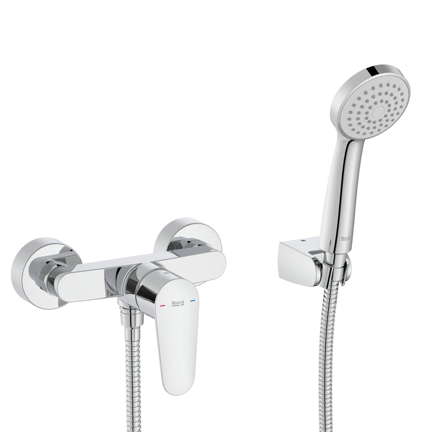 Torneira de duche Roca Victoria Plus cromada com chuveiro de mão e bica flexível.