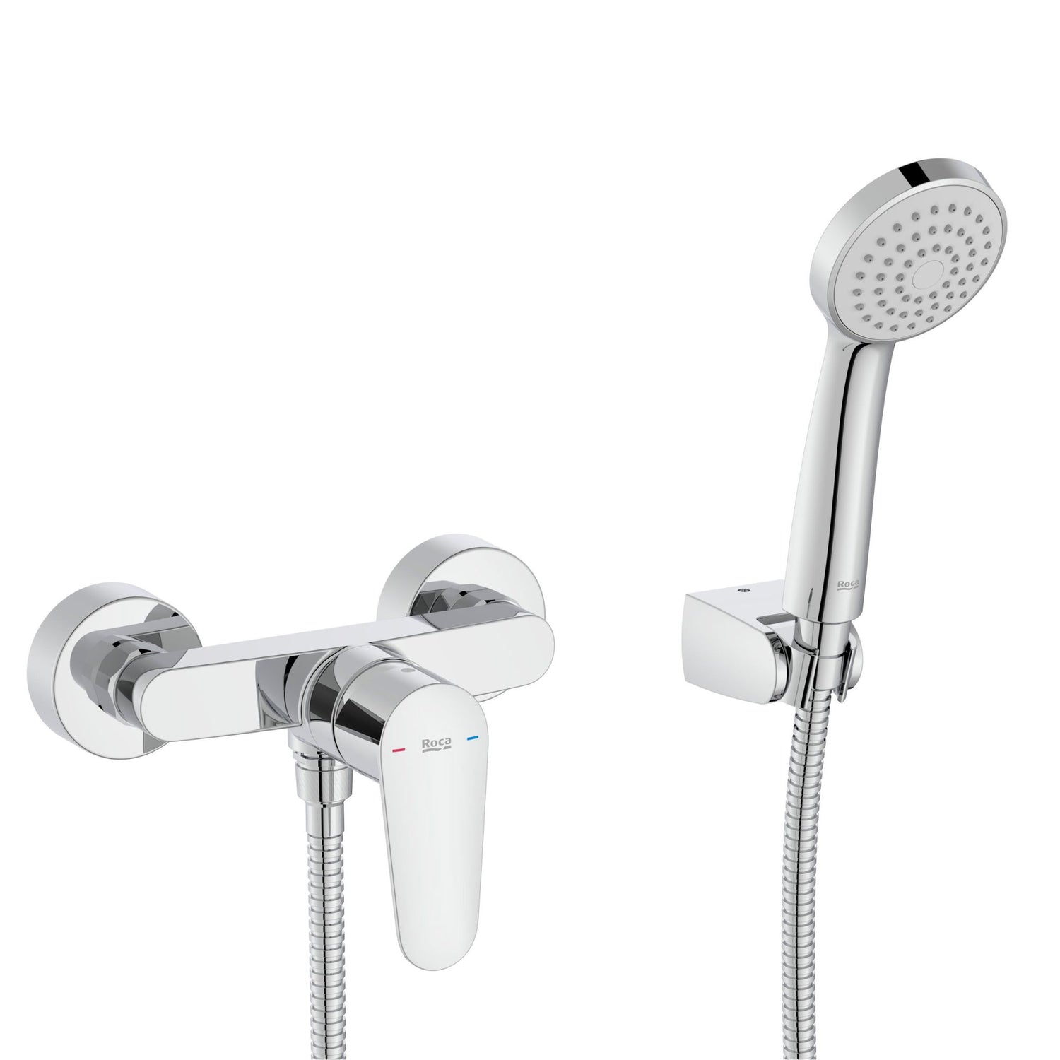 Torneira de duche Roca Victoria Plus cromada com chuveiro de mão e bica flexível.
