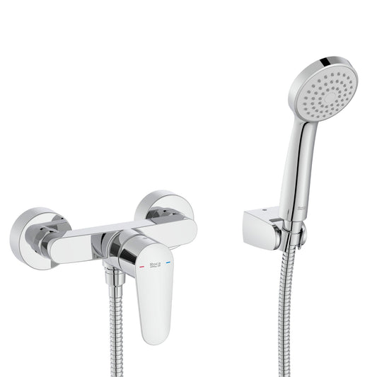Torneira de duche Roca Victoria Plus cromada com chuveiro de mão e bica flexível.
