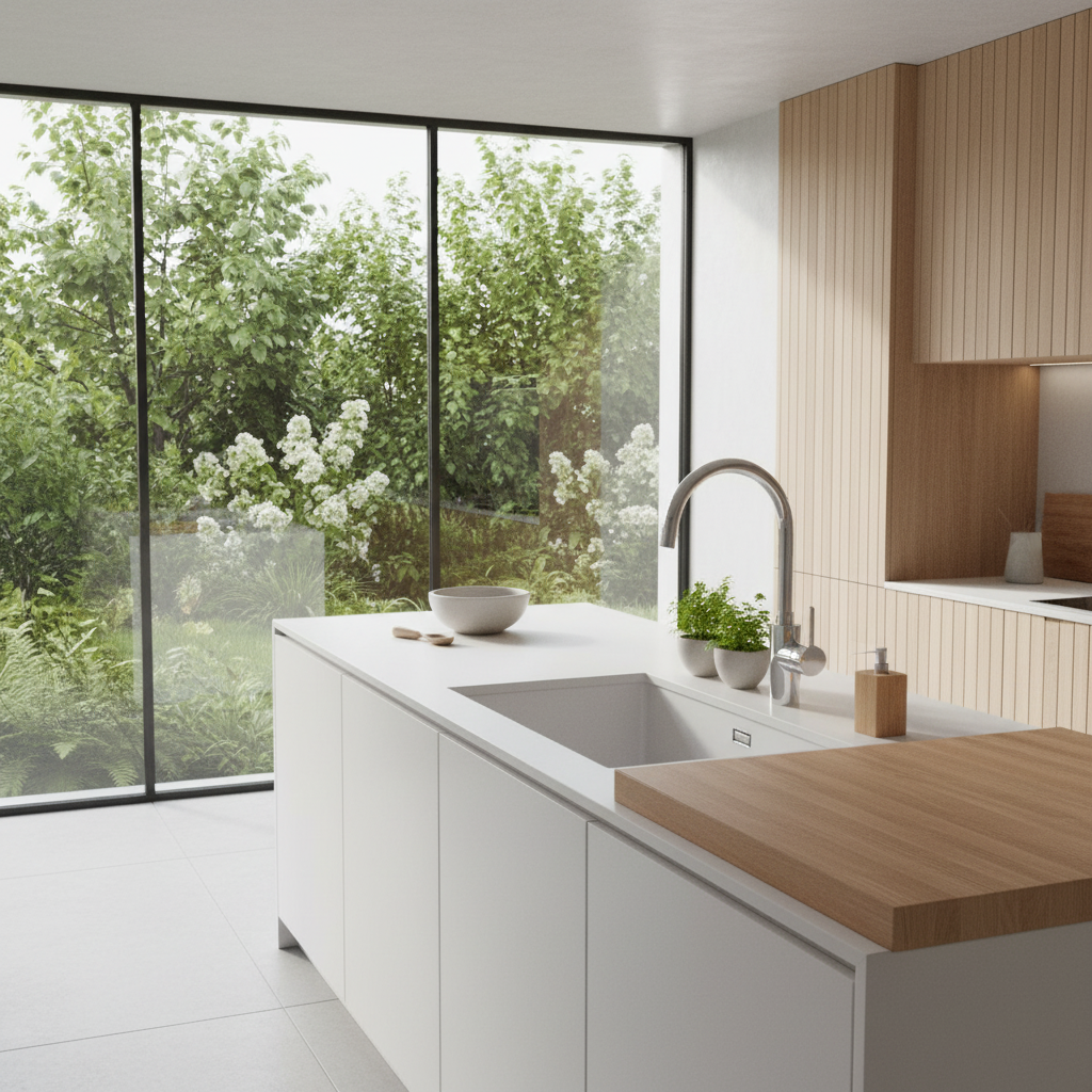 Cozinha moderna minimalista com ilha central branca, torneira de bica alta e vista ampla para jardim através de vidraça.