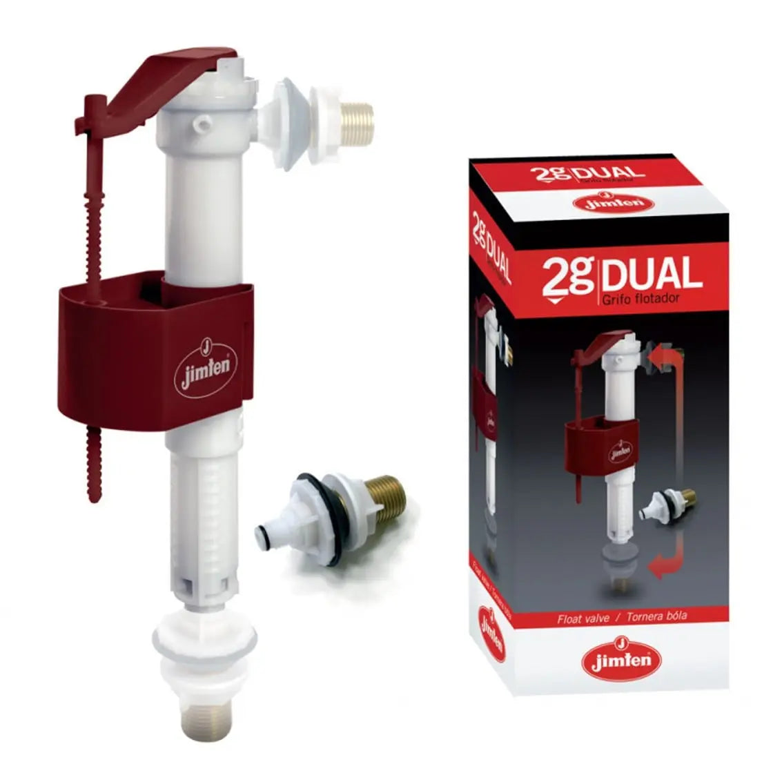Torneira boia dual Jimten S-465 com alimentação inferior e lateral junto à respetiva embalagem oficial 2G Dual.