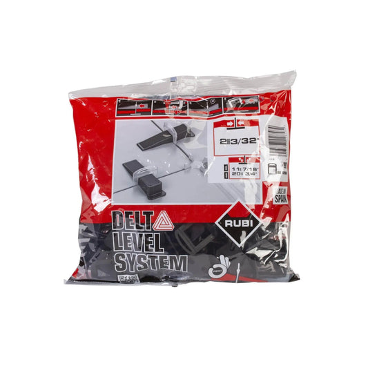 Embalagem de 100 unidades de abraçadeiras Rubi Delta Level System de 2mm para nivelamento de cerâmica entre 11 e 20mm.