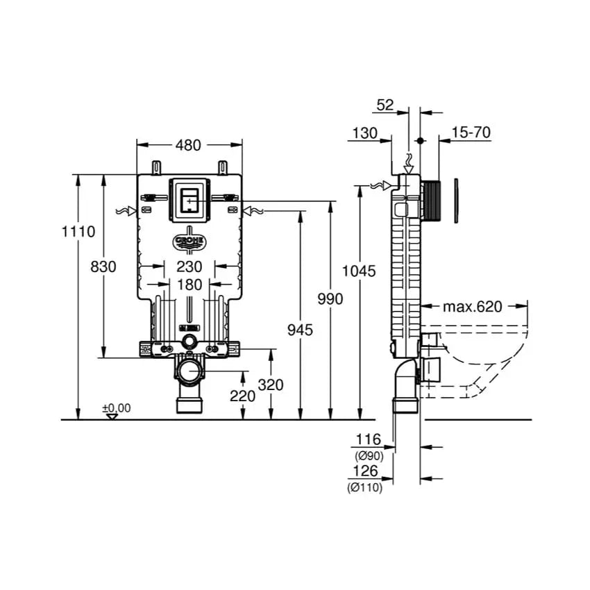 Estrutura de sanita UNISET WC com placa comando cromada | 38825000 | Grohe GROHE