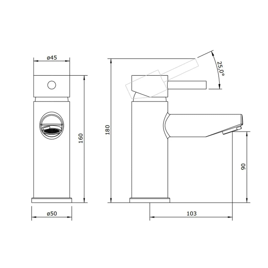 Desenho Técnico da Torneira de Lavatório Icone New Cromada da Sanindusa.