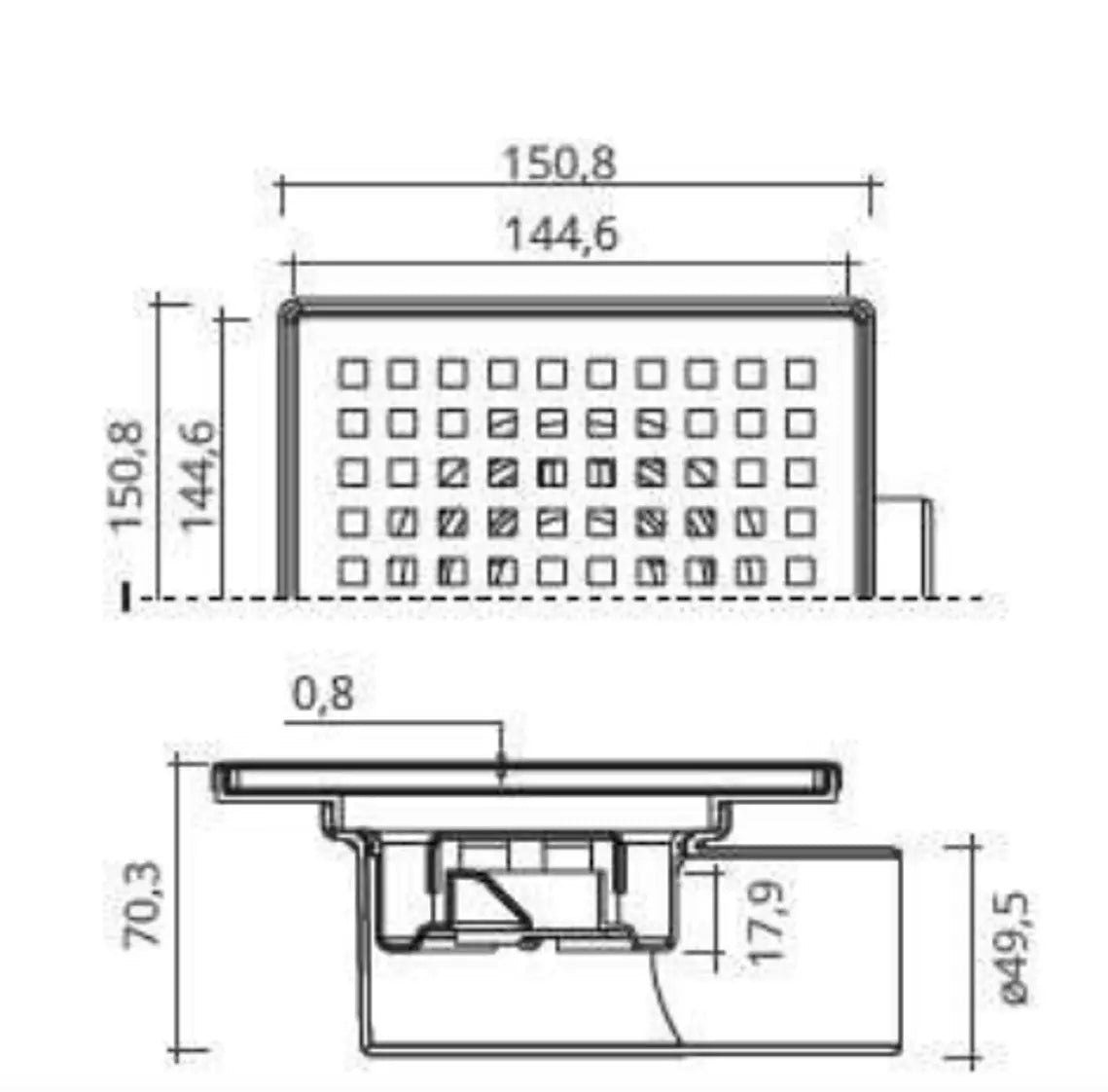 Desenho técnico de Sifão Duche SQUARE 15x15 Chão Horizontal BK4020010
